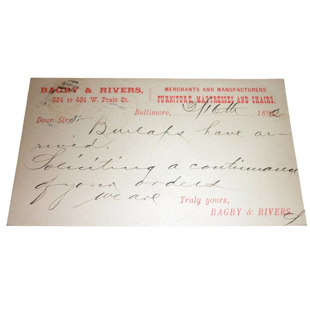 1892 Bagby & Rivers Baltimore Furniture Antique US Postal Card Ephemera